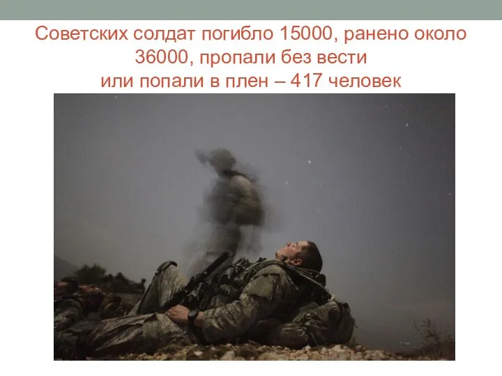 Советских солдат погибло 15000, ранено около 36000, пропали без вести или попали