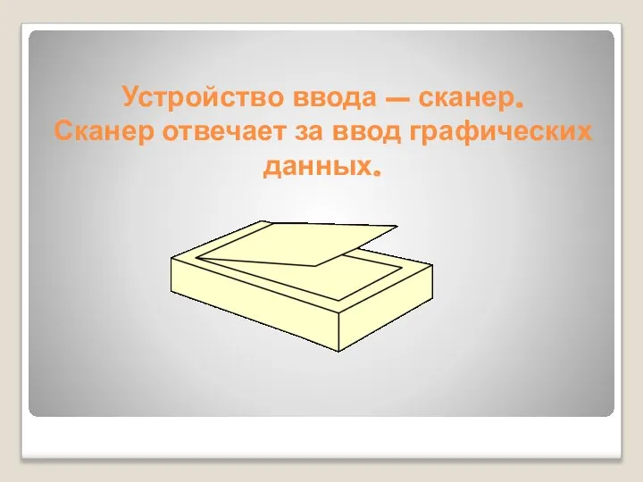 Устройство ввода – сканер. Сканер отвечает за ввод графических данных.