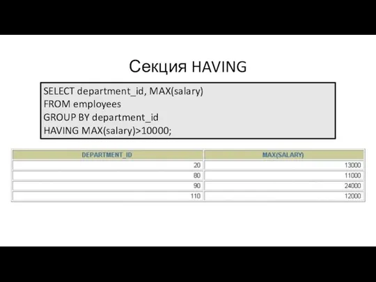 Секция HAVING SELECT department_id, MAX(salary) FROM employees GROUP BY department_id HAVING MAX(salary)>10000;