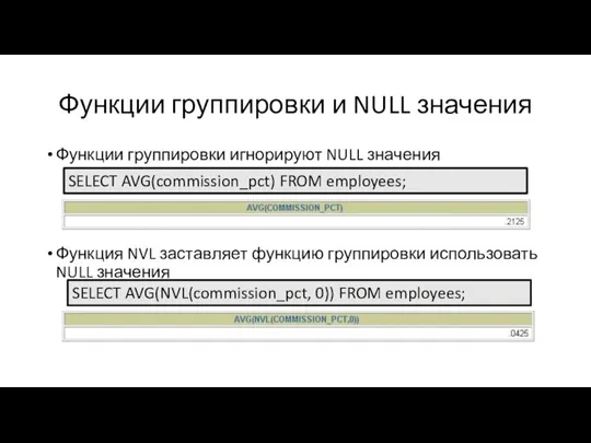 Функции группировки и NULL значения Функции группировки игнорируют NULL значения Функция NVL