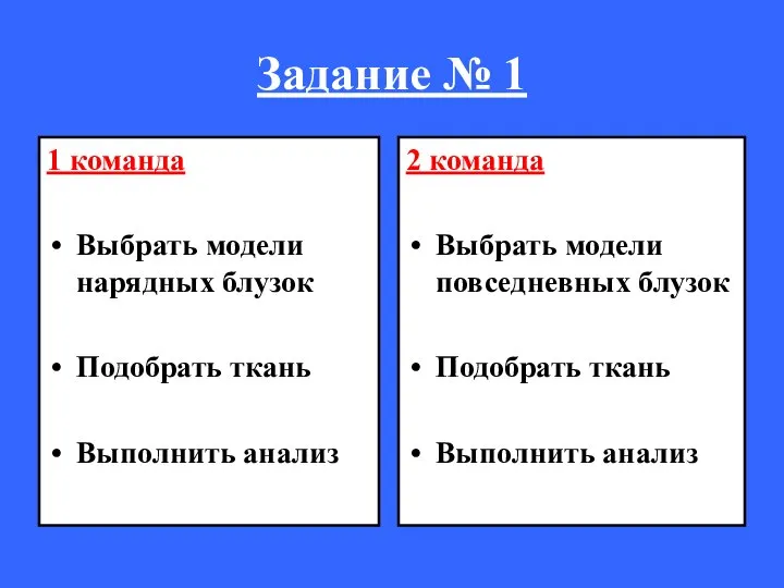 Задание № 1 1 команда Выбрать модели нарядных блузок Подобрать ткань Выполнить