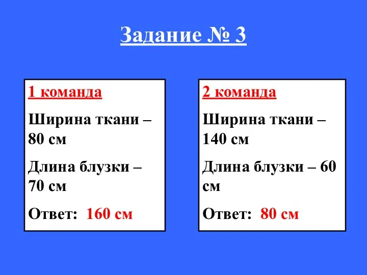 Задание № 3 1 команда Ширина ткани – 80 см Длина блузки