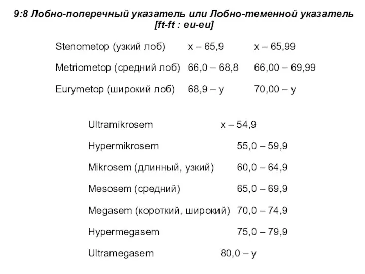 9:8 Лобно-поперечный указатель или Лобно-теменной указатель [ft-ft : eu-eu] Stenometop (узкий лоб)