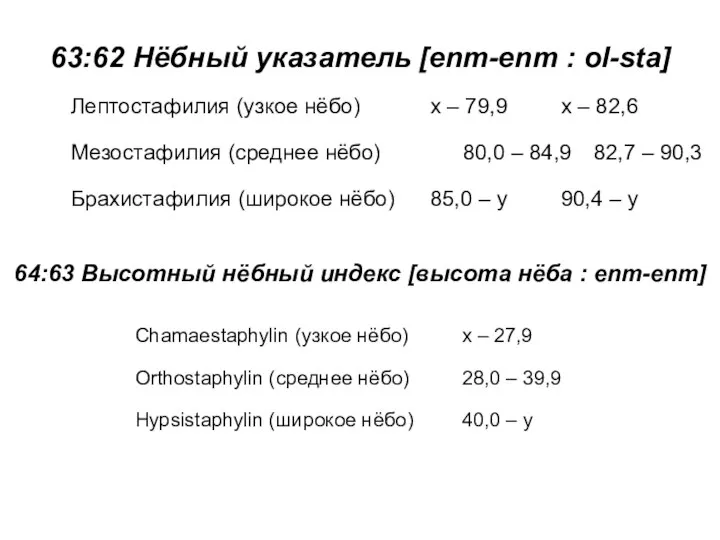 63:62 Нёбный указатель [enm-enm : ol-sta] 64:63 Высотный нёбный индекс [высота нёба