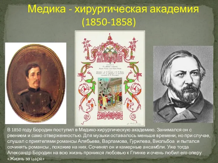 Медика - хирургическая академия (1850-1858) В 1850 году Бородин поступил в Медико-хирургическую