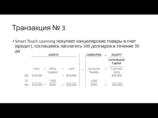 Транзакция № 3 Smart Touch Learning покупает канцелярские товары в счет (кредит),