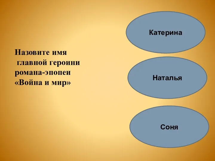 Назовите имя главной героини романа-эпопеи «Война и мир» Наталья Катерина Соня