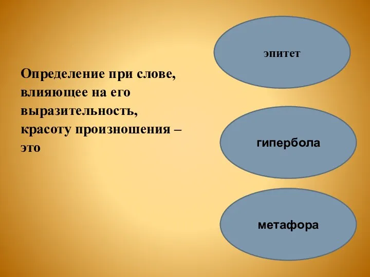 Определение при слове, влияющее на его выразительность, красоту произношения – это эпитет метафора гипербола