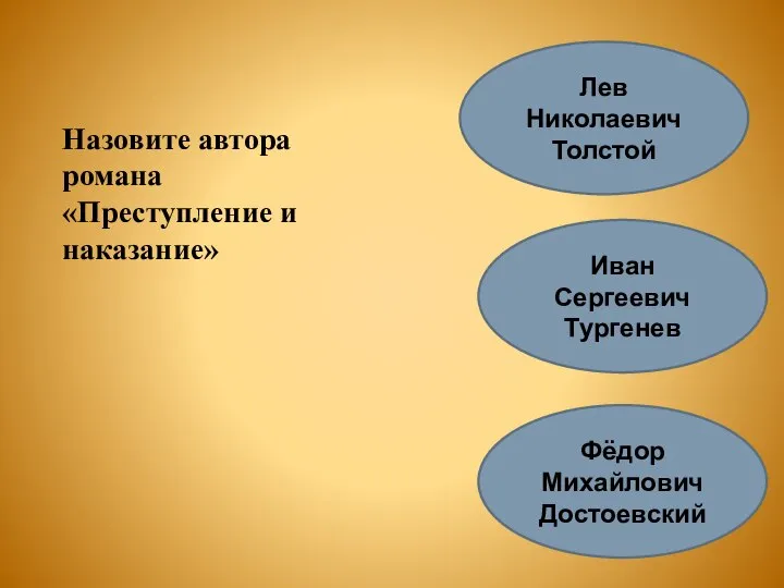 Назовите автора романа «Преступление и наказание» Фёдор Михайлович Достоевский Иван Сергеевич Тургенев Лев Николаевич Толстой