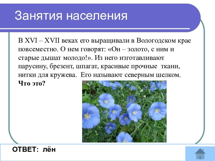 Занятия населения ОТВЕТ: лён В XVI – XVII веках его выращивали в