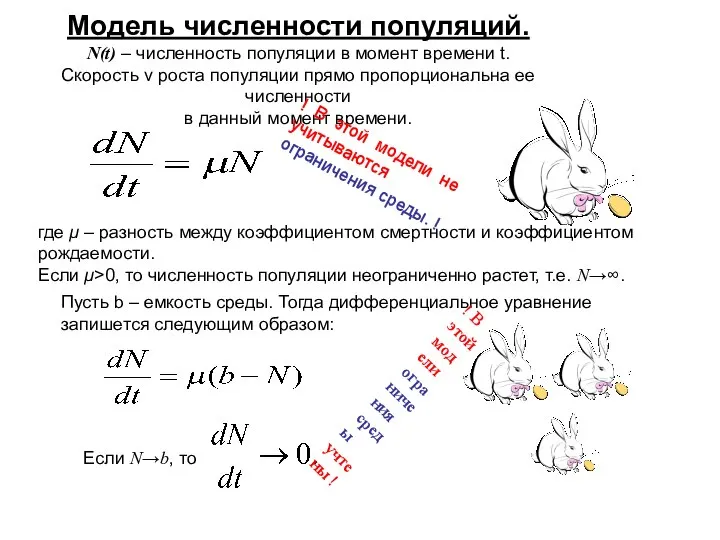 Модель численности популяций. N(t) – численность популяции в момент времени t. Скорость