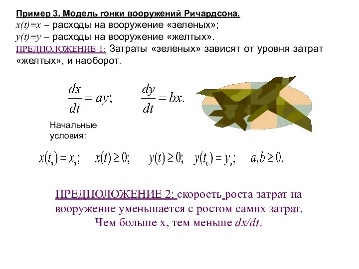 Пример 3. Модель гонки вооружений Ричардсона. x(t)≡x – расходы на вооружение «зеленых»;