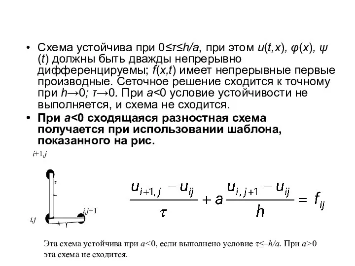 Схема устойчива при 0≤τ≤h/a, при этом u(t,x), φ(х), ψ(t) должны быть дважды