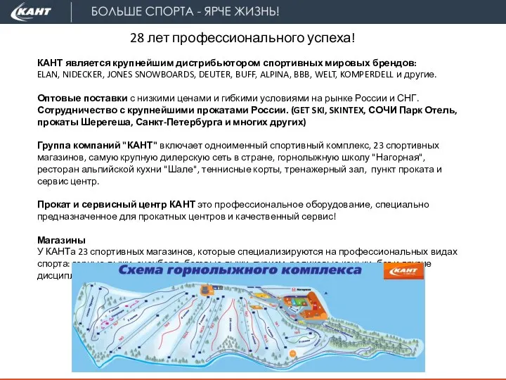 28 лет профессионального успеха! КАНТ является крупнейшим дистрибьютором спортивных мировых брендов: ELAN,