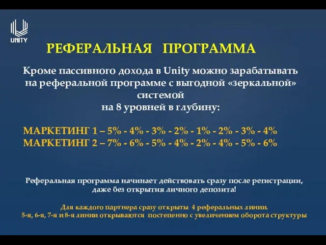 РЕФЕРАЛЬНАЯ ПРОГРАММА Кроме пассивного дохода в Unity можно зарабатывать на реферальной программе