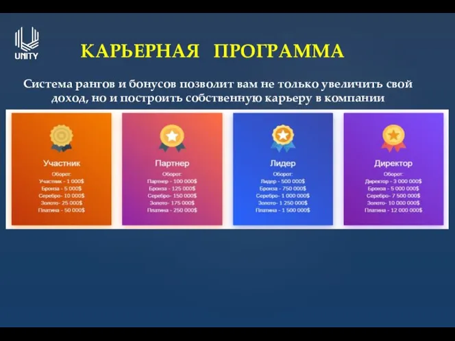 КАРЬЕРНАЯ ПРОГРАММА Система рангов и бонусов позволит вам не только увеличить свой