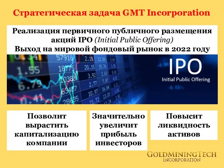 Стратегическая задача GMT Incorporation Реализация первичного публичного размещения акций IPO (Initial Public