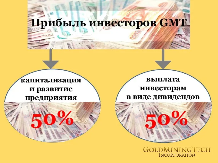 Прибыль инвесторов GMT капитализация и развитие предприятия выплата инвесторам в виде дивидендов 50% 50%