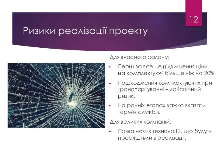 Ризики реалізації проекту Для власного салону: Перш за все це підвищення ціни