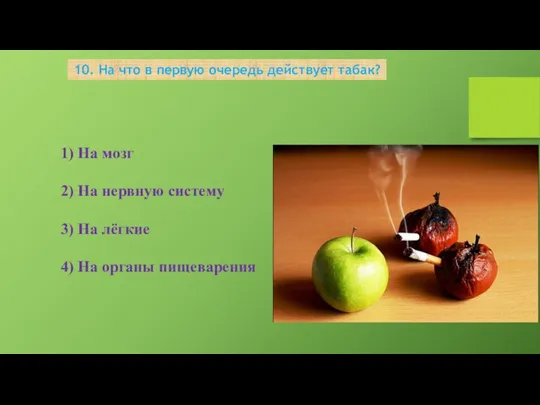 10. На что в первую очередь действует табак? 1) На мозг 2)