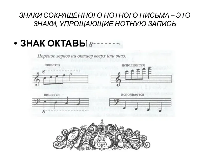 ЗНАКИ СОКРАЩЁННОГО НОТНОГО ПИСЬМА – ЭТО ЗНАКИ, УПРОЩАЮЩИЕ НОТНУЮ ЗАПИСЬ ЗНАК ОКТАВЫ: