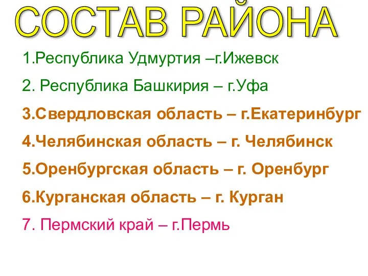 СОСТАВ РАЙОНА 1.Республика Удмуртия –г.Ижевск 2. Республика Башкирия – г.Уфа 3.Свердловская область