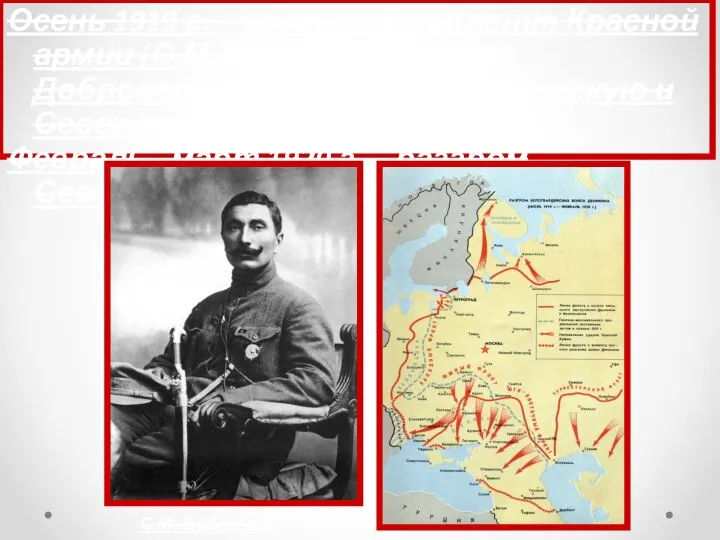 Осень 1919 г. – контрнаступление Красной армии (С.М.Буденный), раздел Добровольческой армии на