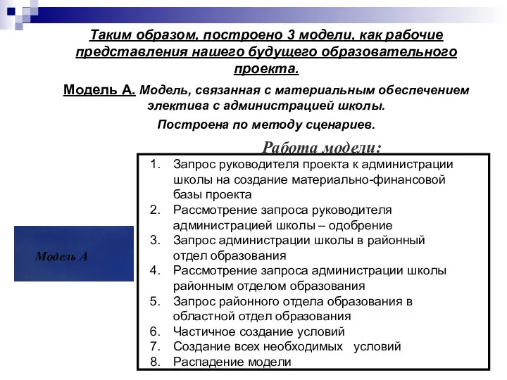 Таким образом, построено 3 модели, как рабочие представления нашего будущего образовательного проекта.