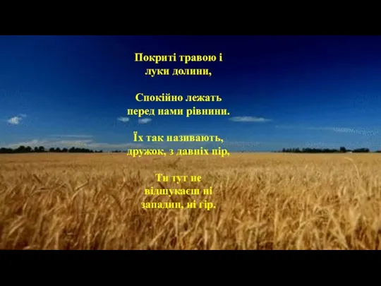 Покриті травою і луки долини, Спокійно лежать перед нами рівнини. Їх так