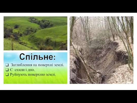 Спільне: Заглиблення на поверхні землі. Є схили і дно. Руйнують поверхню землі.