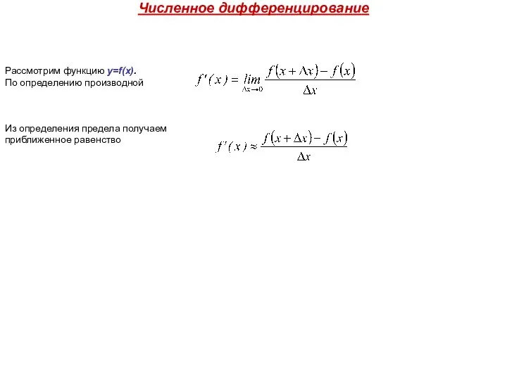 Численное дифференцирование Рассмотрим функцию y=f(x). По определению производной Из определения предела получаем приближенное равенство