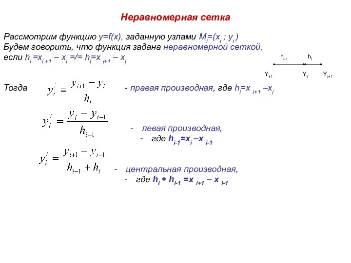 Неравномерная сетка Рассмотрим функцию y=f(x), заданную узлами Mi=(xi ; yi ) Будем