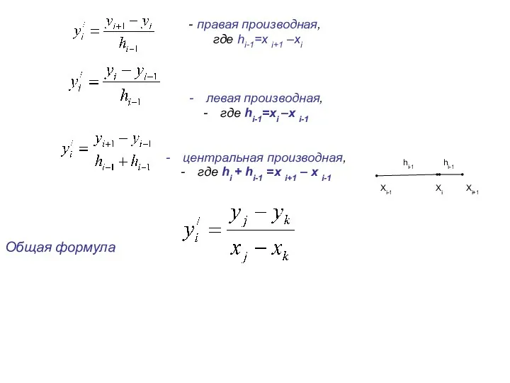 - правая производная, где hi-1=x i+1 –xi левая производная, где hi-1=xi –x