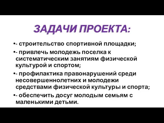 ЗАДАЧИ ПРОЕКТА: - строительство спортивной площадки; - привлечь молодежь поселка к систематическим