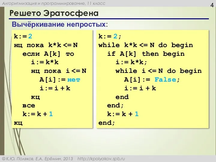 Решето Эратосфена Вычёркивание непростых: k:= 2 нц пока k*k если A[k] то