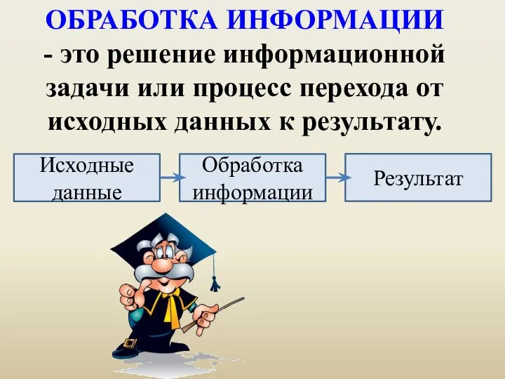 ОБРАБОТКА ИНФОРМАЦИИ - это решение информационной задачи или процесс перехода от исходных данных к результату.