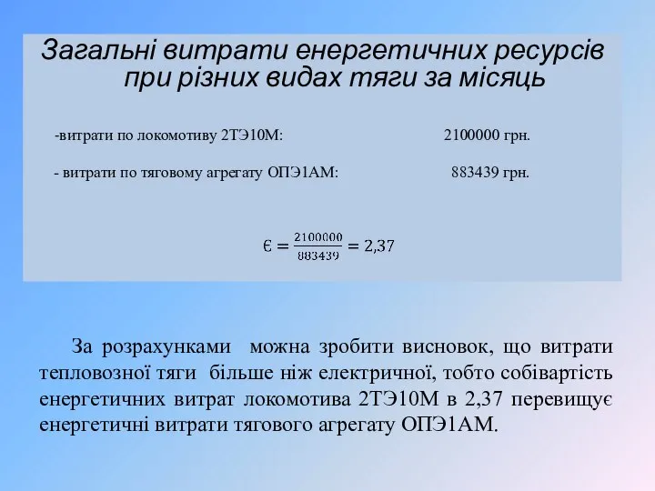 Загальні витрати енергетичних ресурсів при різних видах тяги за місяць -витрати по