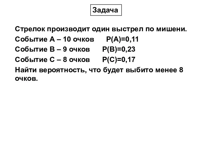 Стрелок производит один выстрел по мишени. Событие А – 10 очков P(A)=0,11