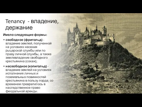 Tenancy - владение, держание Имело следующие формы: свободное (фригольд) - владение землей,