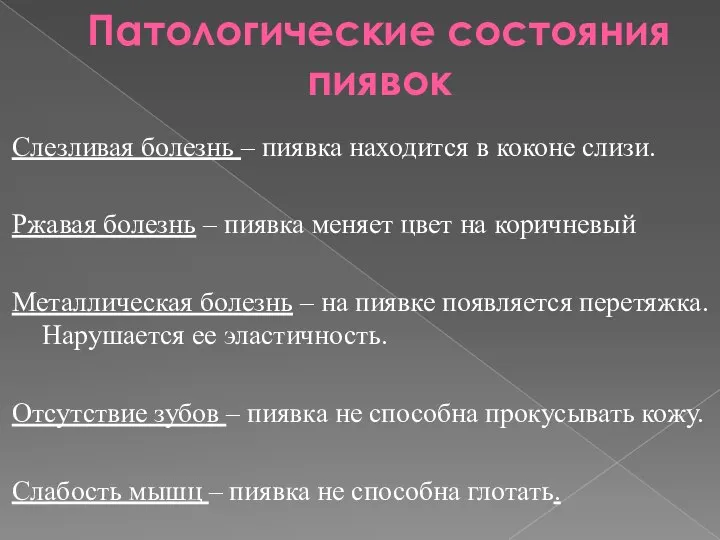 Патологические состояния пиявок Слезливая болезнь – пиявка находится в коконе слизи. Ржавая