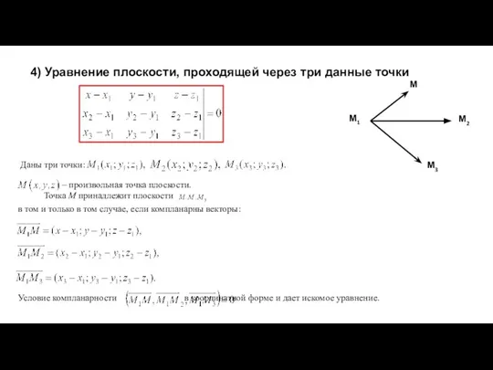 4) Уравнение плоскости, проходящей через три данные точки Даны три точки: –