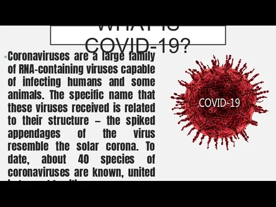 WHAT IS COVID-19? Coronaviruses are a large family of RNA-containing viruses capable