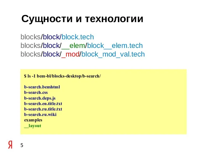 Сущности и технологии $ ls -1 bem-bl/blocks-desktop/b-search/ b-search.bemhtml b-search.css b-search.deps.js b-search.en.title.txt b-search.ru.title.txt