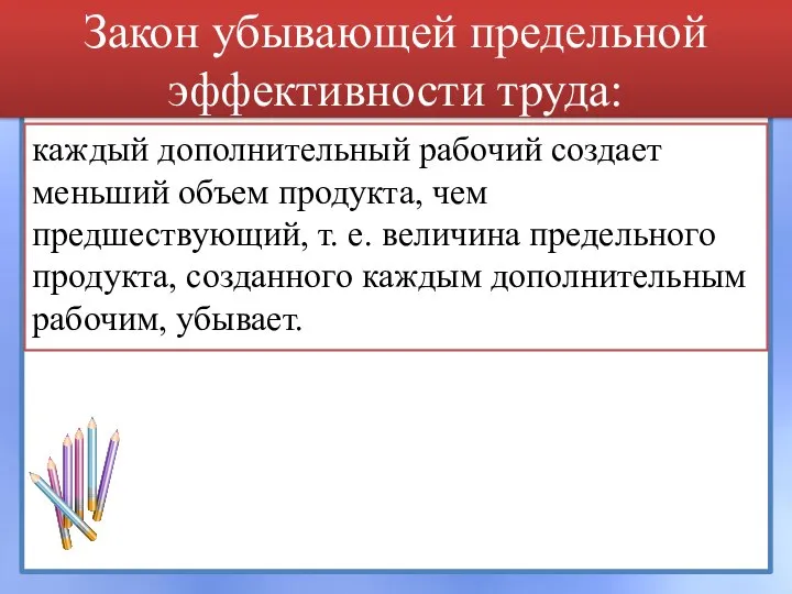 Закон убывающей предельной эффективности труда: каждый дополнительный рабочий создает меньший объем продукта,