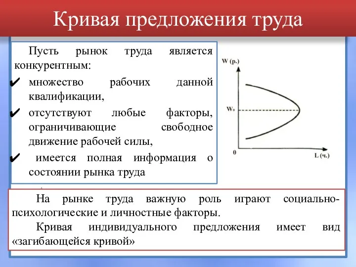 Кривая предложения труда Пусть рынок труда является конкурентным: множество рабочих данной квалификации,