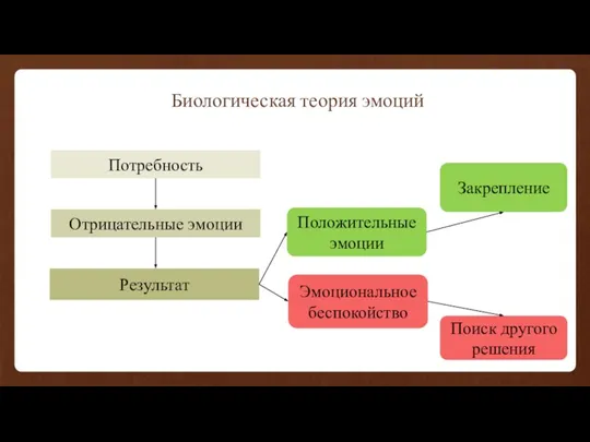 Биологическая теория эмоций Потребность Отрицательные эмоции Результат Положительные эмоции Закрепление Эмоциональное беспокойство Поиск другого решения