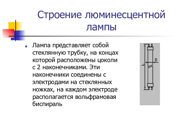 Строение люминесцентной лампы Лампа представляет собой стеклянную трубку, на концах которой расположены