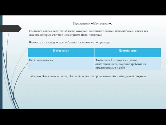 Упражнение «Минус-плюс». Составьте список всех тех качеств, которые Вы считаете своими недостатками,