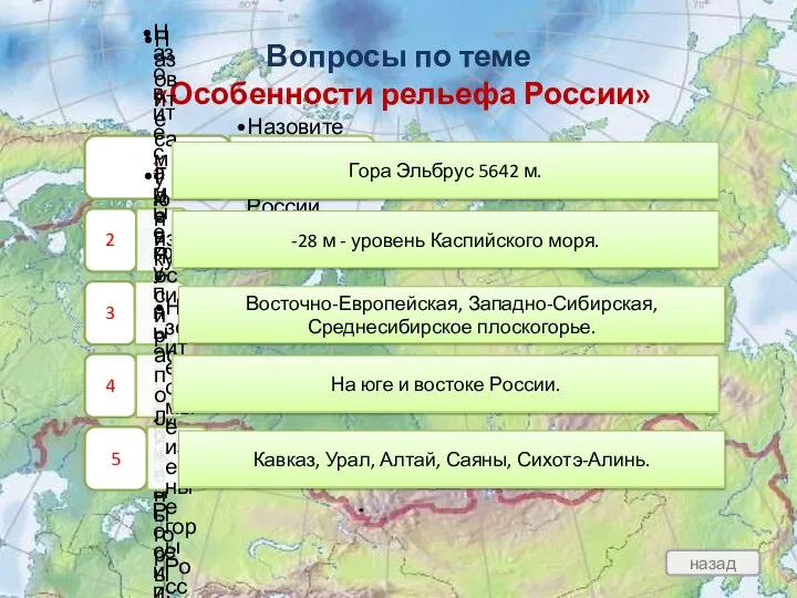 Вопросы по теме «Особенности рельефа России» 1 Назовите самую высокую точку России.