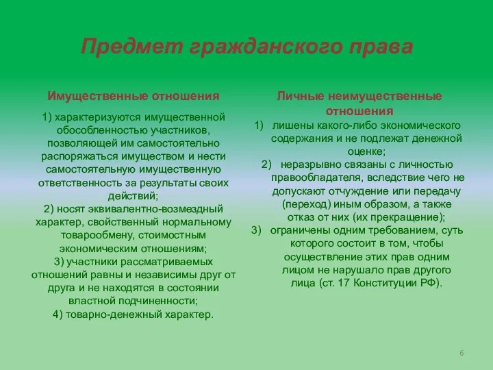 Предмет гражданского права Имущественные отношения 1) характеризуются имущественной обособленностью участников, позволяющей им